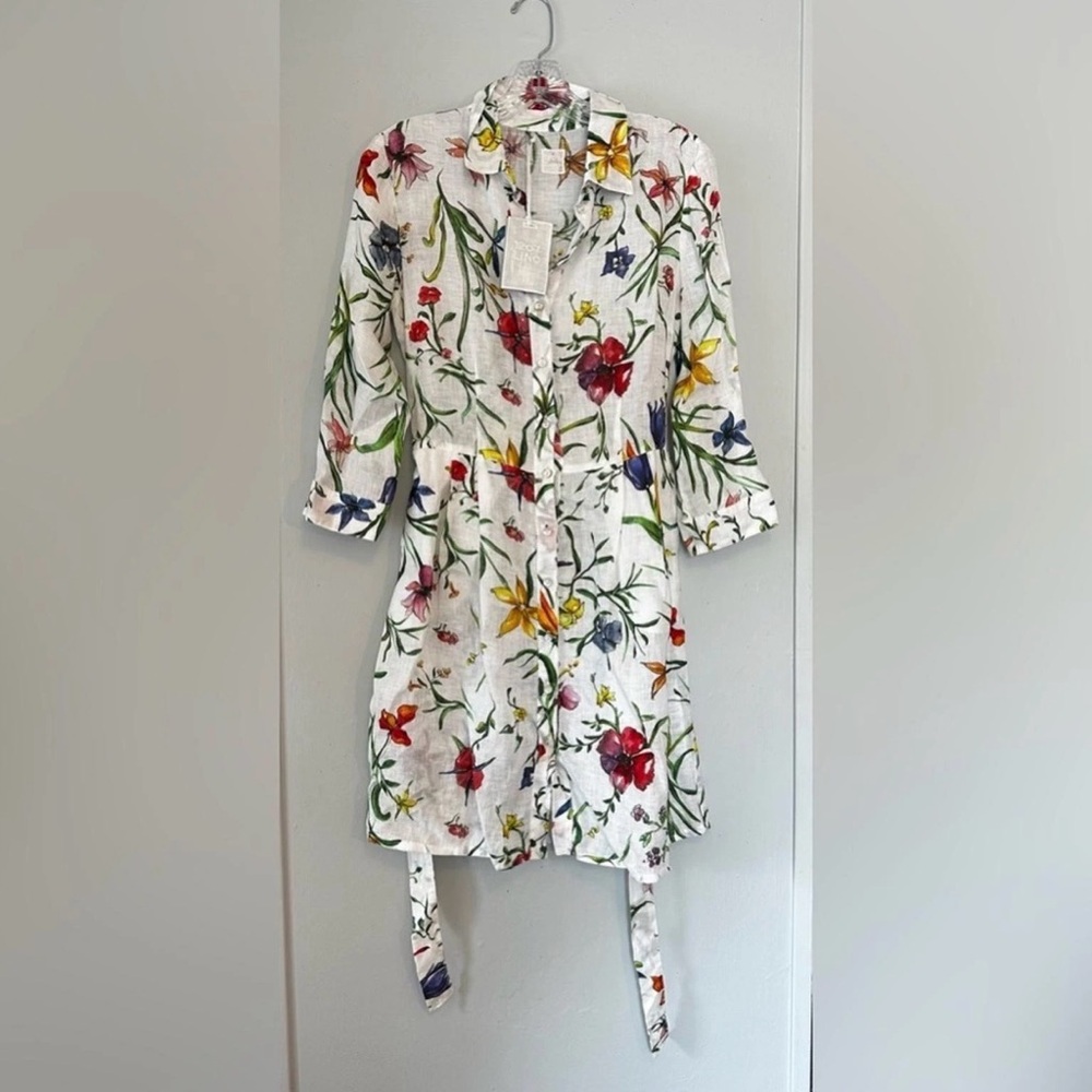 120% Lino Wildflower Linen Shirt Dress Belted Botanical Print XXS NWT - Picture 3 of 9